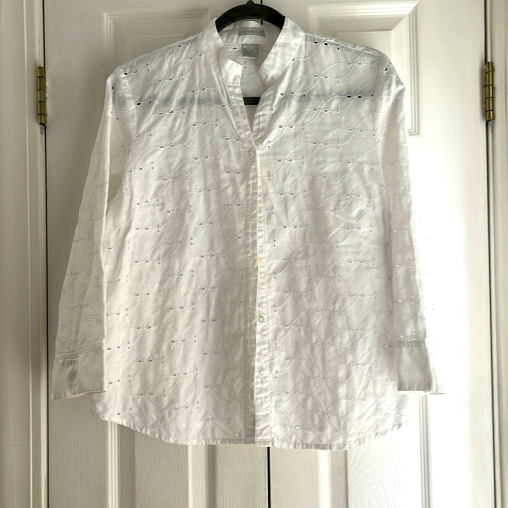 TWEEDS LADIES EYELET LS BLOUSE BUTTON UP FRONT LINEN+ POLY WHITE SZ L EUC
